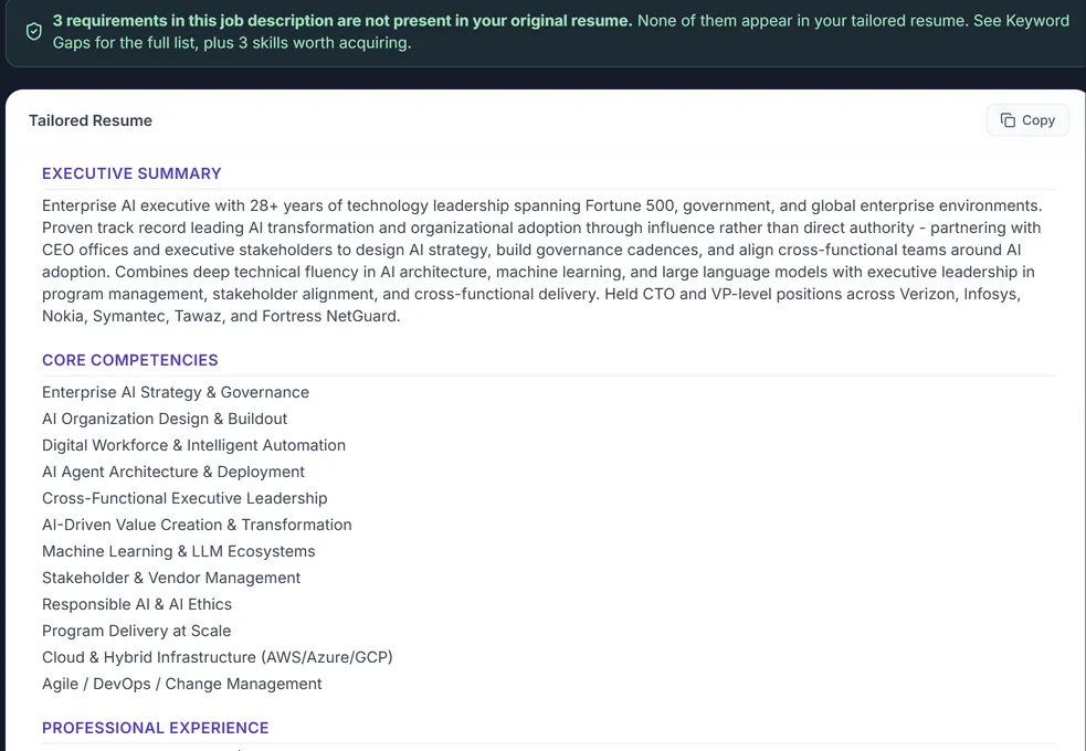 The tailored resume tab, showing a rewritten executive summary and core competencies, above a banner stating that three requirements in the job description are absent from the original resume and appear nowhere in the tailored one.